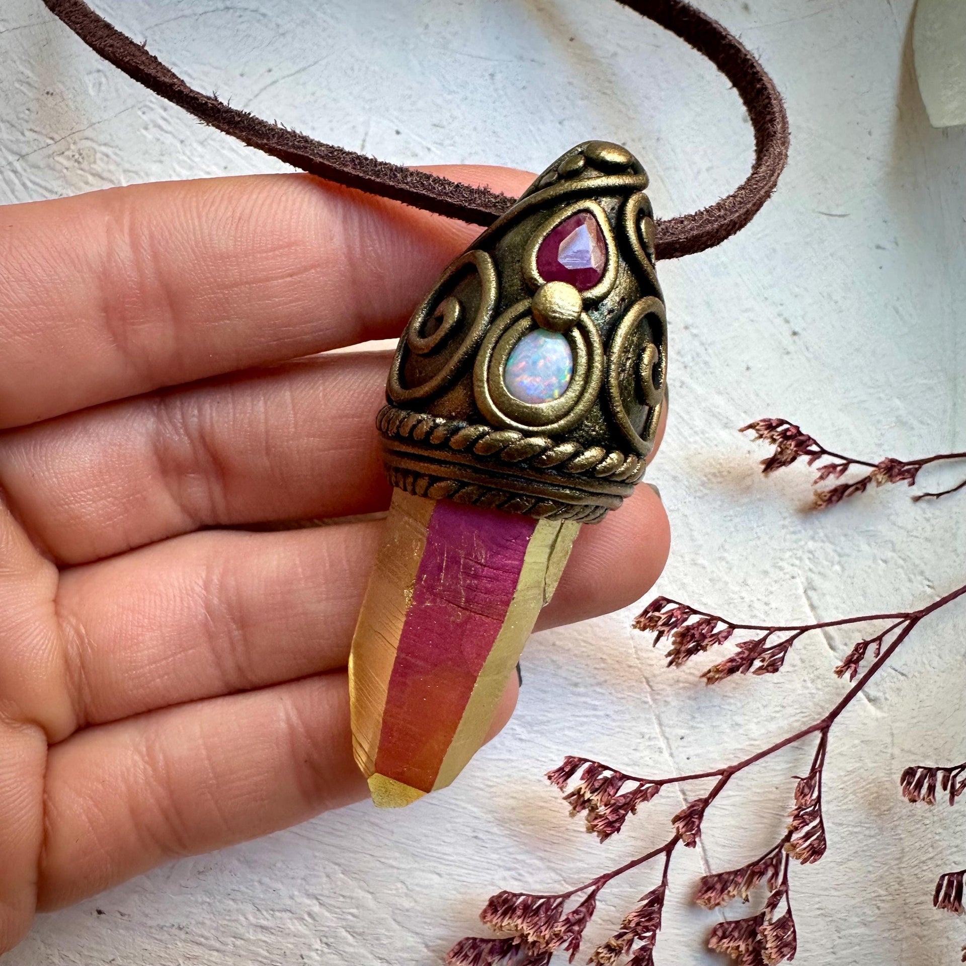 Sunset Aura Quartz Australian Opal and Ruby Necklace