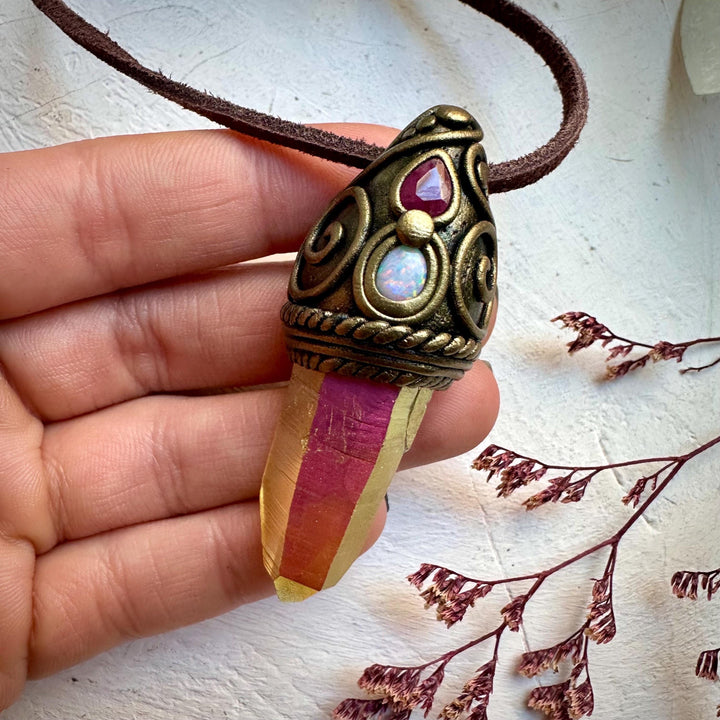 Sunset Aura Quartz Australian Opal and Ruby Necklace - FairyGardenGlow