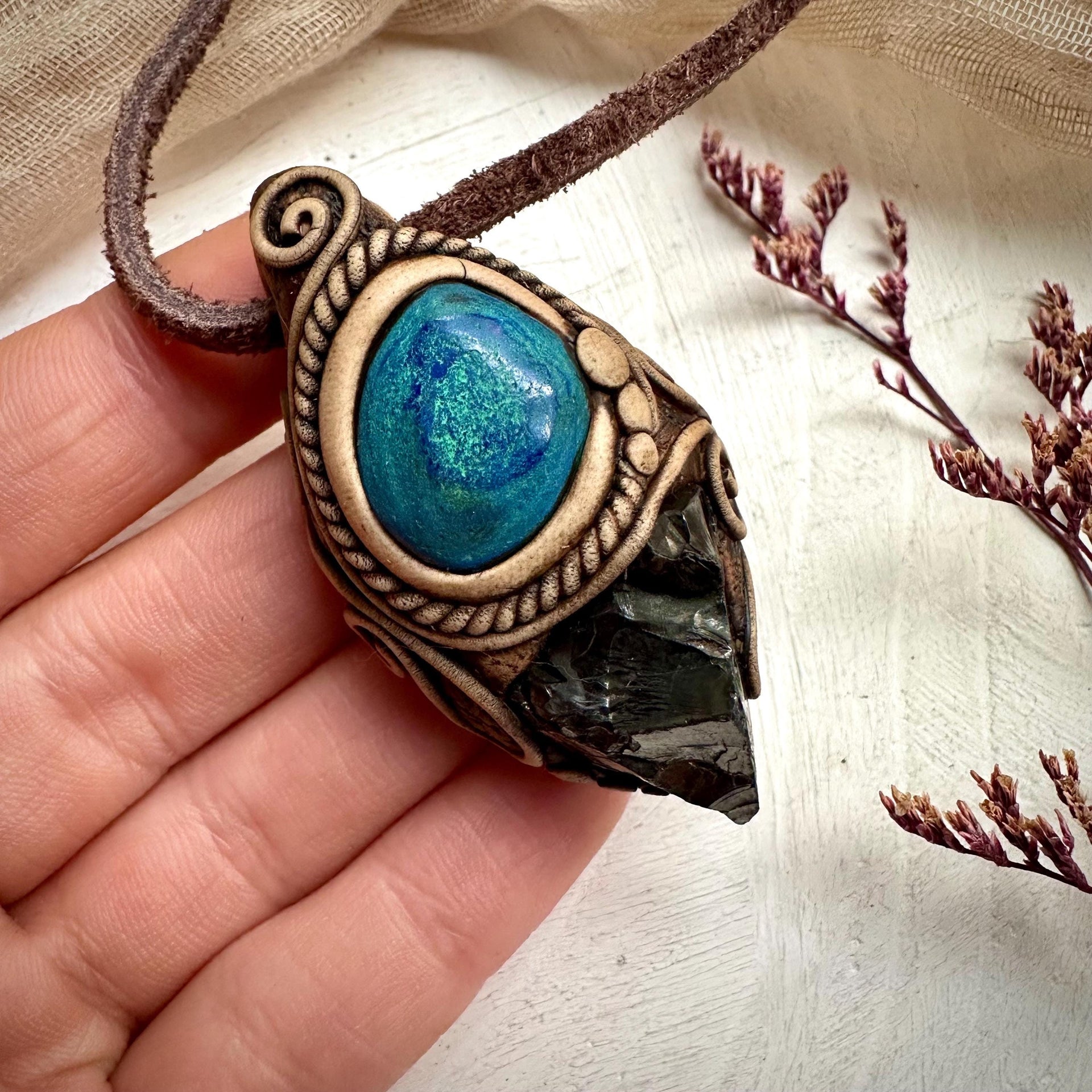 Shungite and Azurite Malachite Pendant Necklace - FairyGardenGlow
