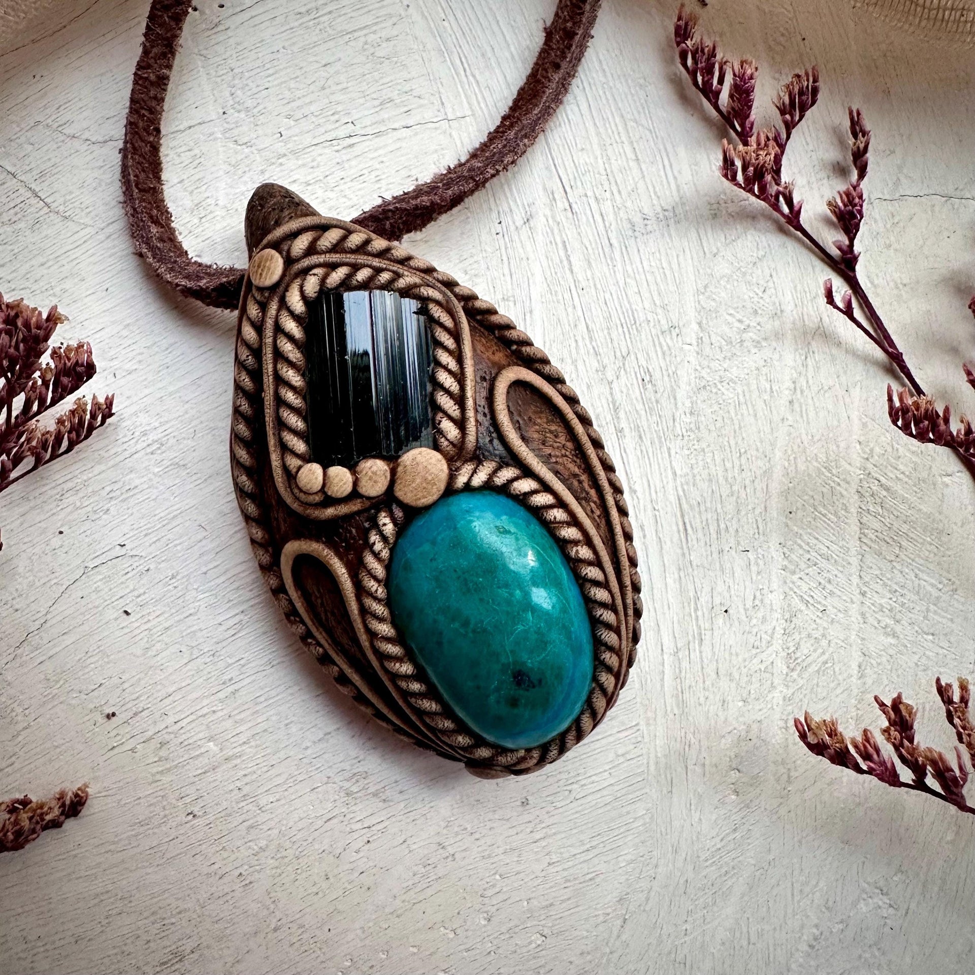 Atacama Opal and Green Tourmaline Pendant Necklace - FairyGardenGlow