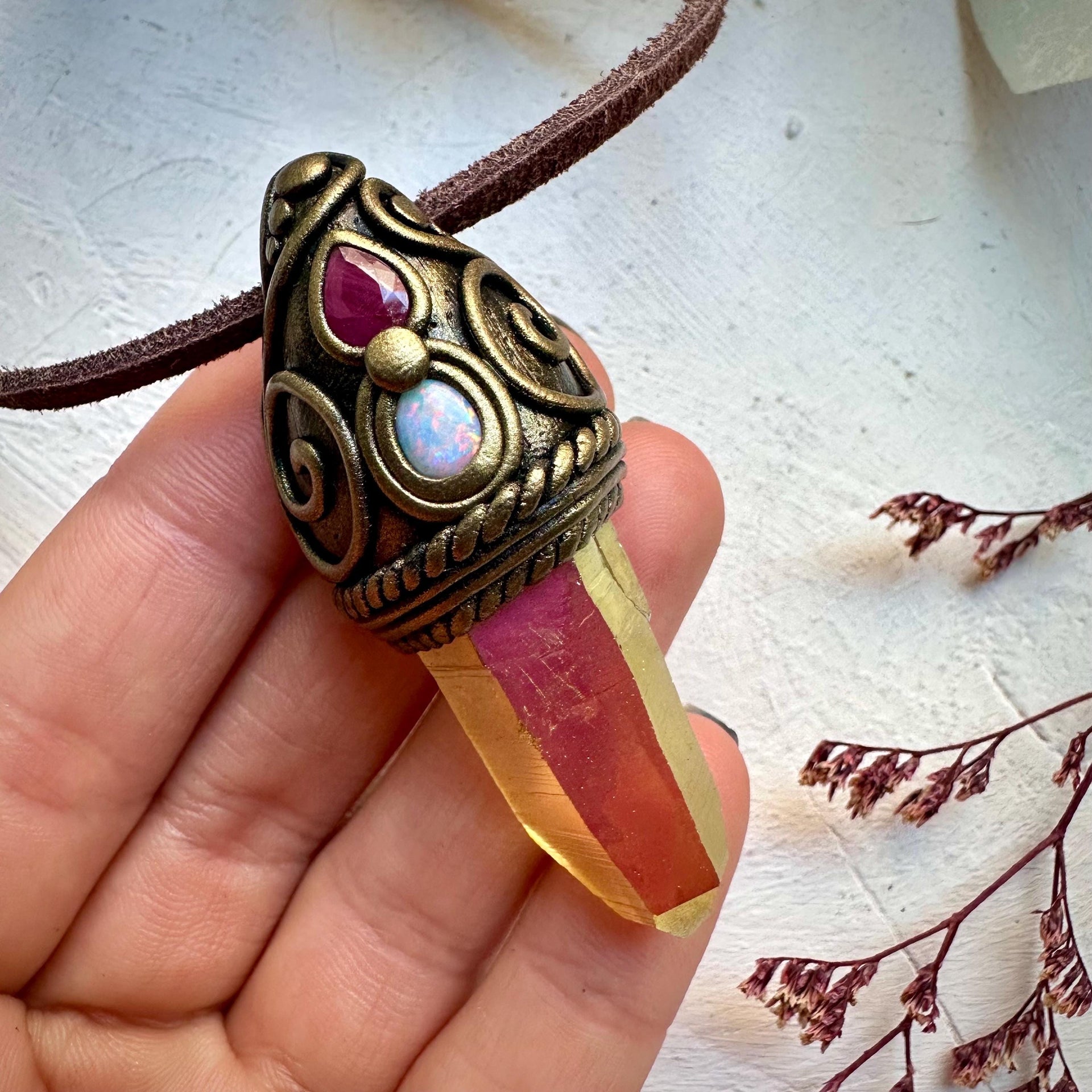 Sunset Aura Quartz Australian Opal and Ruby Necklace