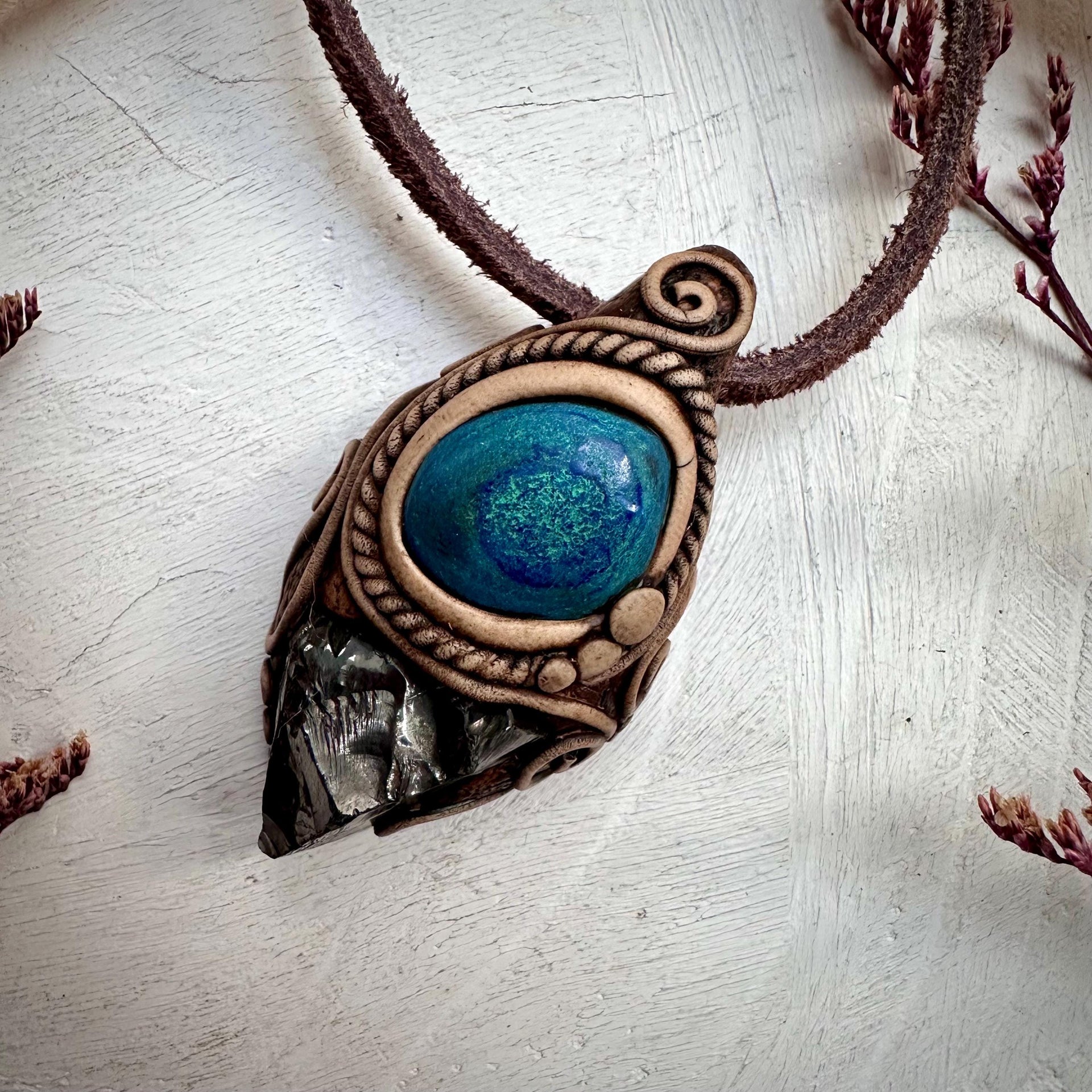 Shungite and Azurite Malachite Pendant Necklace - FairyGardenGlow