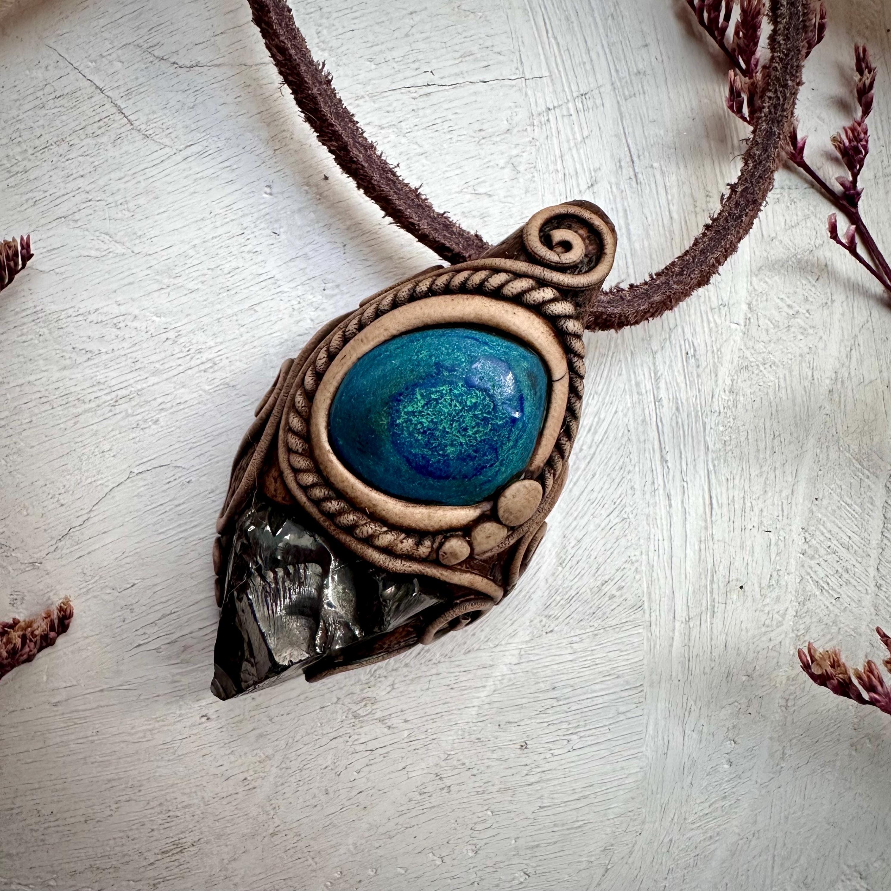 Shungite and Azurite Malachite Pendant Necklace - FairyGardenGlow