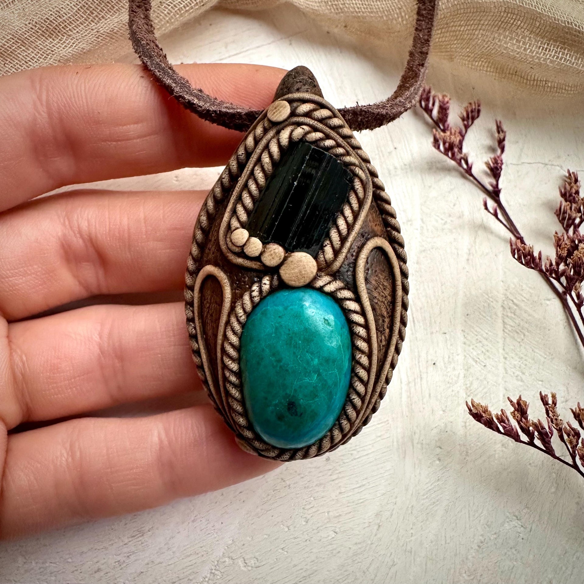 Atacama Opal and Green Tourmaline Pendant Necklace - FairyGardenGlow