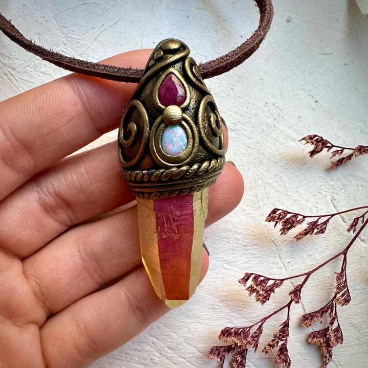 Sunset Aura Quartz Australian Opal and Ruby Necklace - FairyGardenGlow