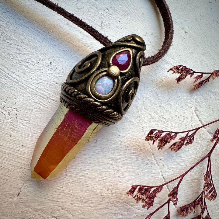 Sunset Aura Quartz Australian Opal and Ruby Necklace - FairyGardenGlow