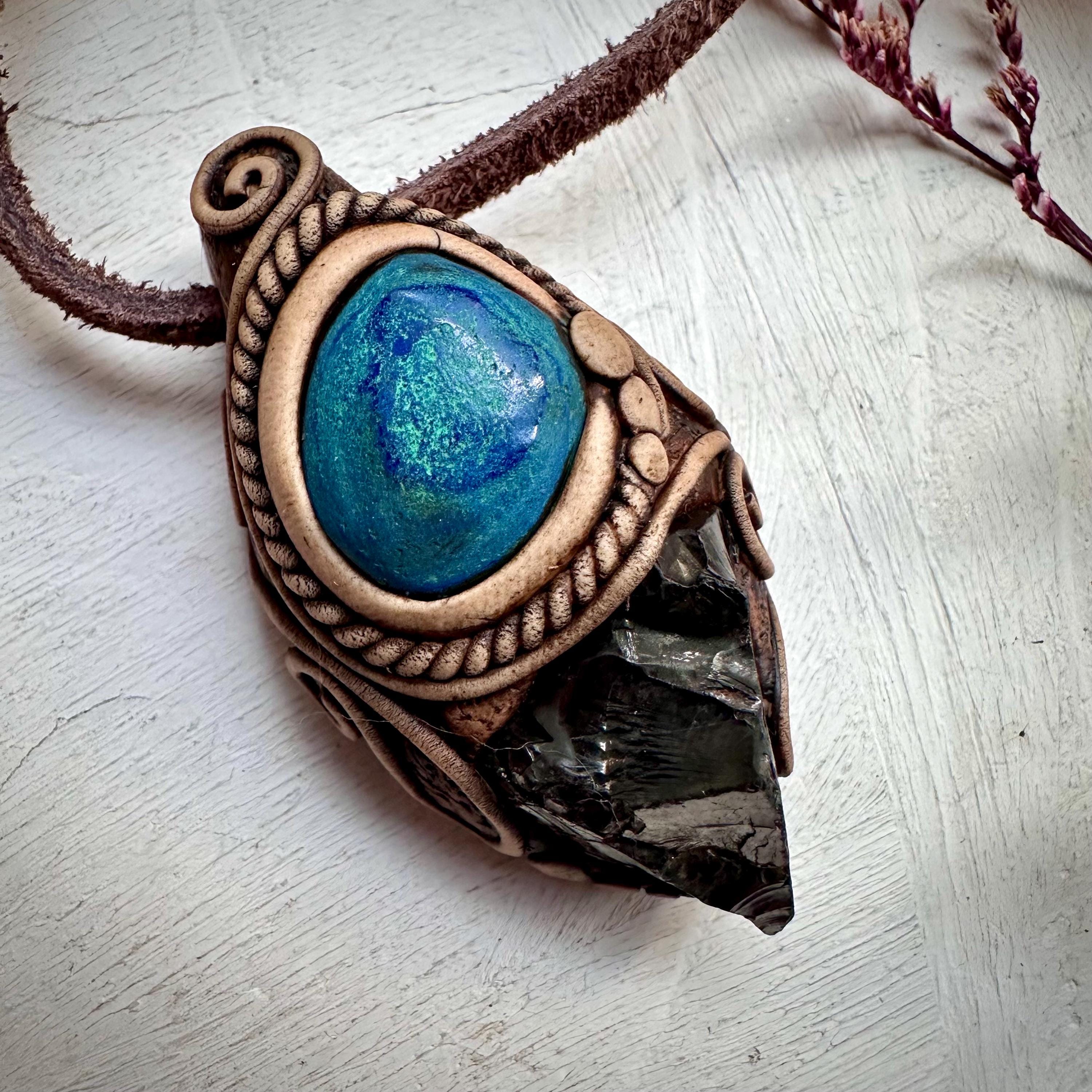 Shungite and Azurite Malachite Pendant Necklace - FairyGardenGlow