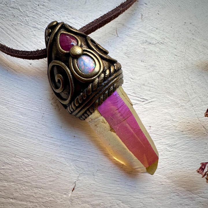 Sunset Aura Quartz Australian Opal and Ruby Necklace - FairyGardenGlow