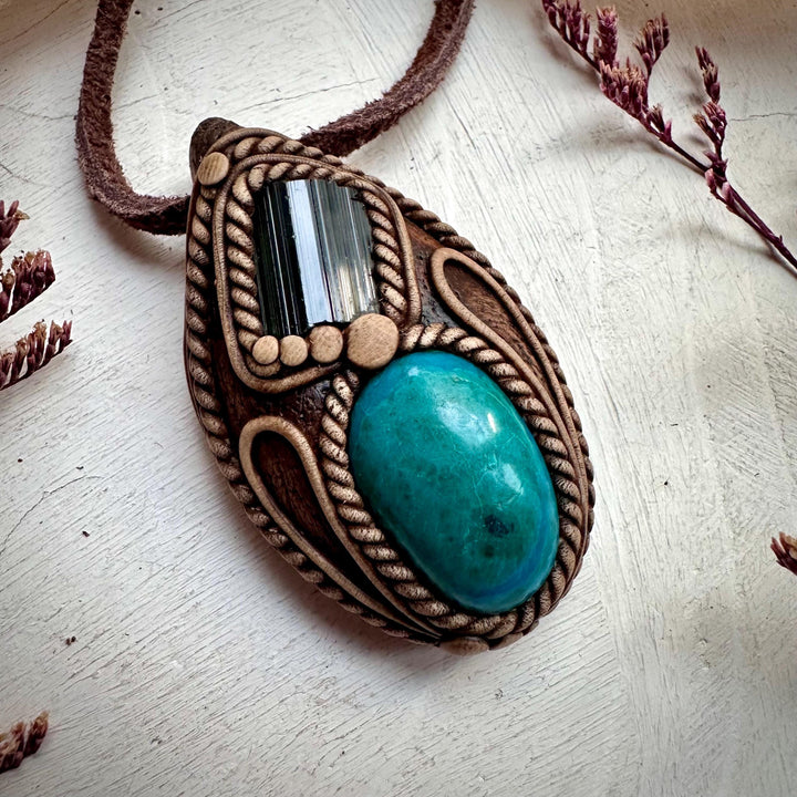 Atacama Opal and Green Tourmaline Pendant Necklace - FairyGardenGlow