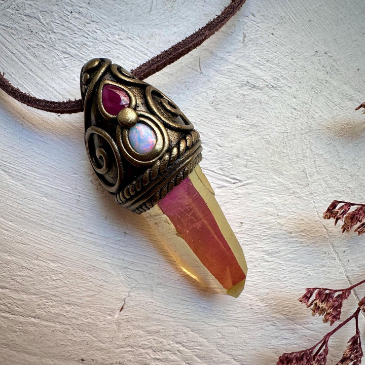 Sunset Aura Quartz Australian Opal and Ruby Necklace - FairyGardenGlow