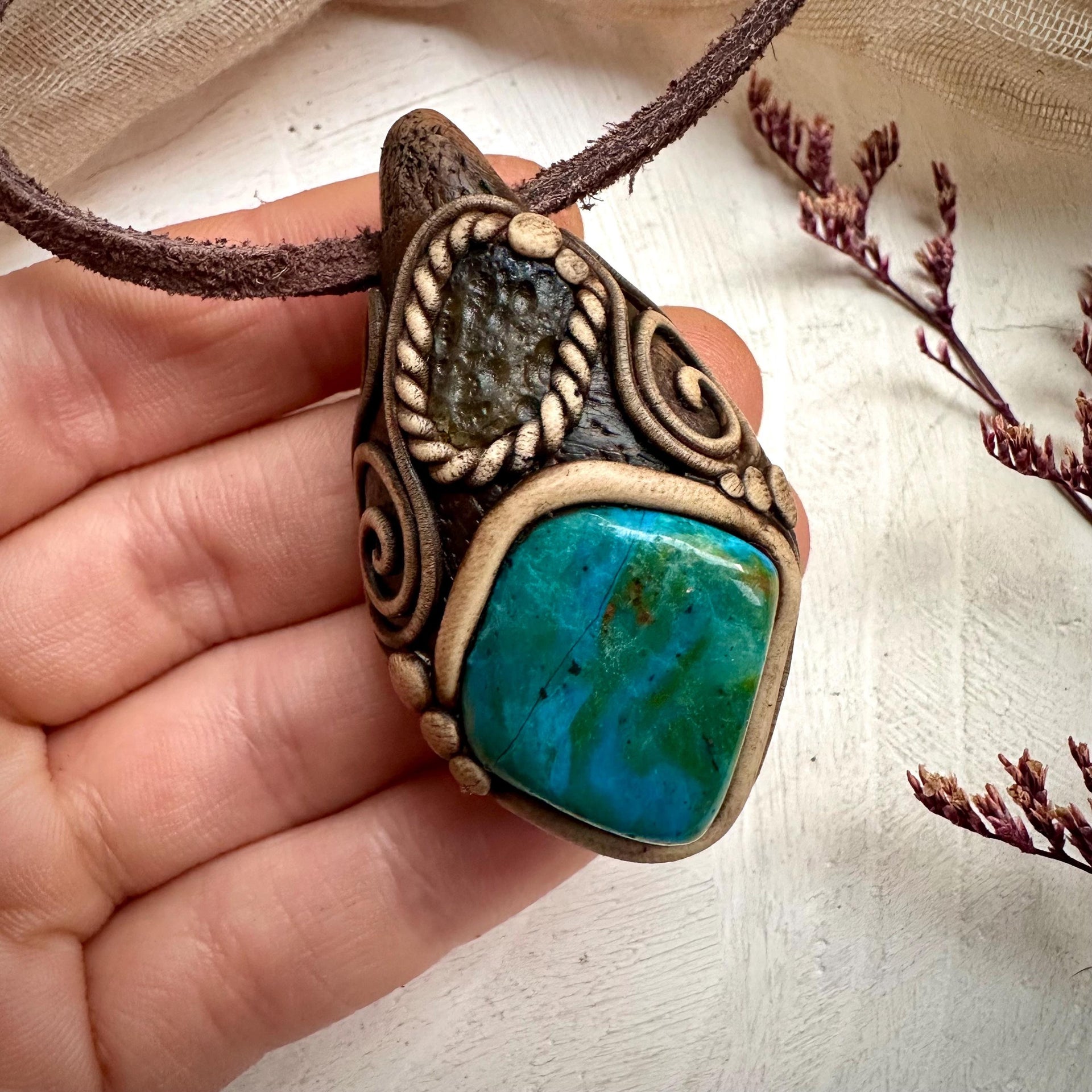 Atacama Opal and Moldavite Pendant Necklace - FairyGardenGlow