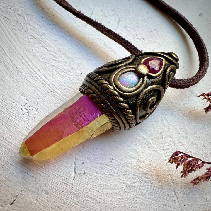 Sunset Aura Quartz Australian Opal and Ruby Necklace - FairyGardenGlow