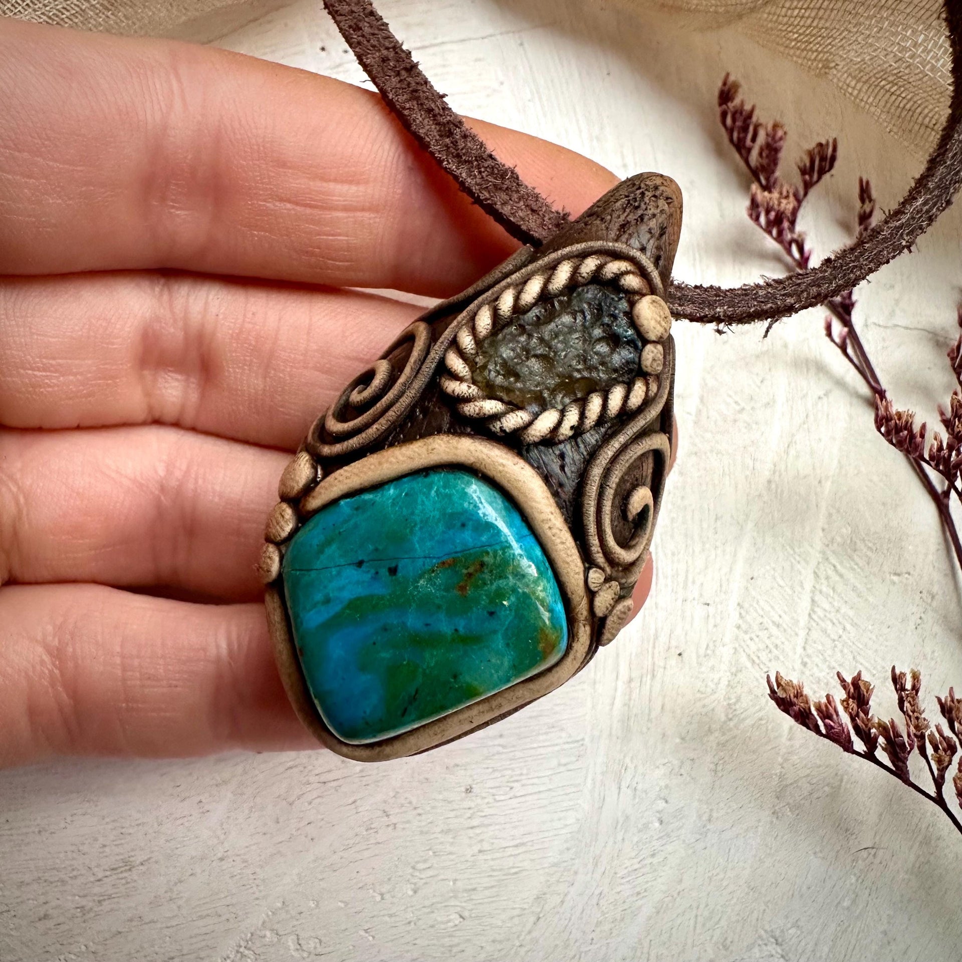 Atacama Opal and Moldavite Pendant Necklace - FairyGardenGlow
