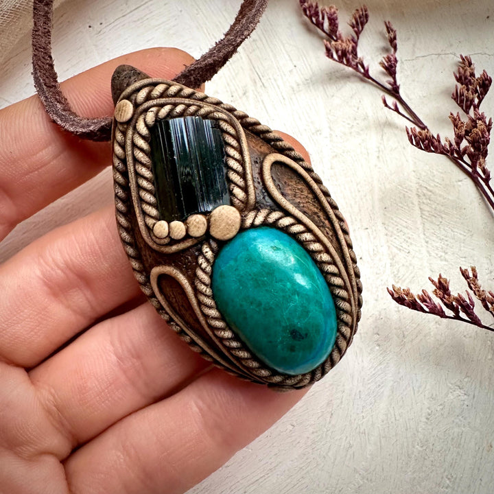 Atacama Opal and Green Tourmaline Pendant Necklace - FairyGardenGlow