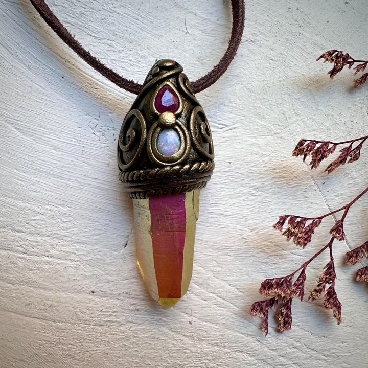 Sunset Aura Quartz Australian Opal and Ruby Necklace - FairyGardenGlow