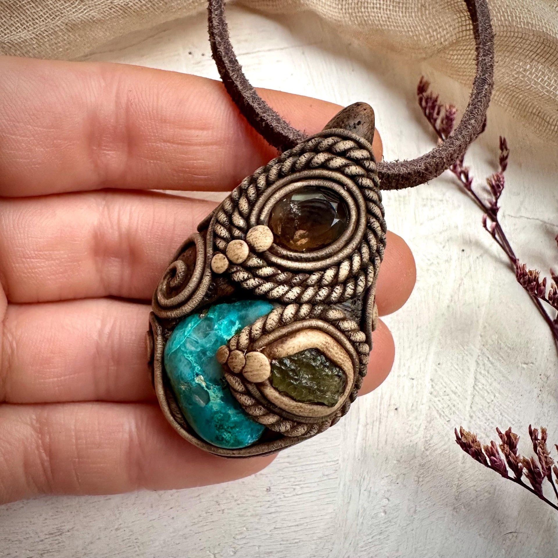 Chrysocolla Moldavite and Smoky Quartz Pendant Necklace - FairyGardenGlow