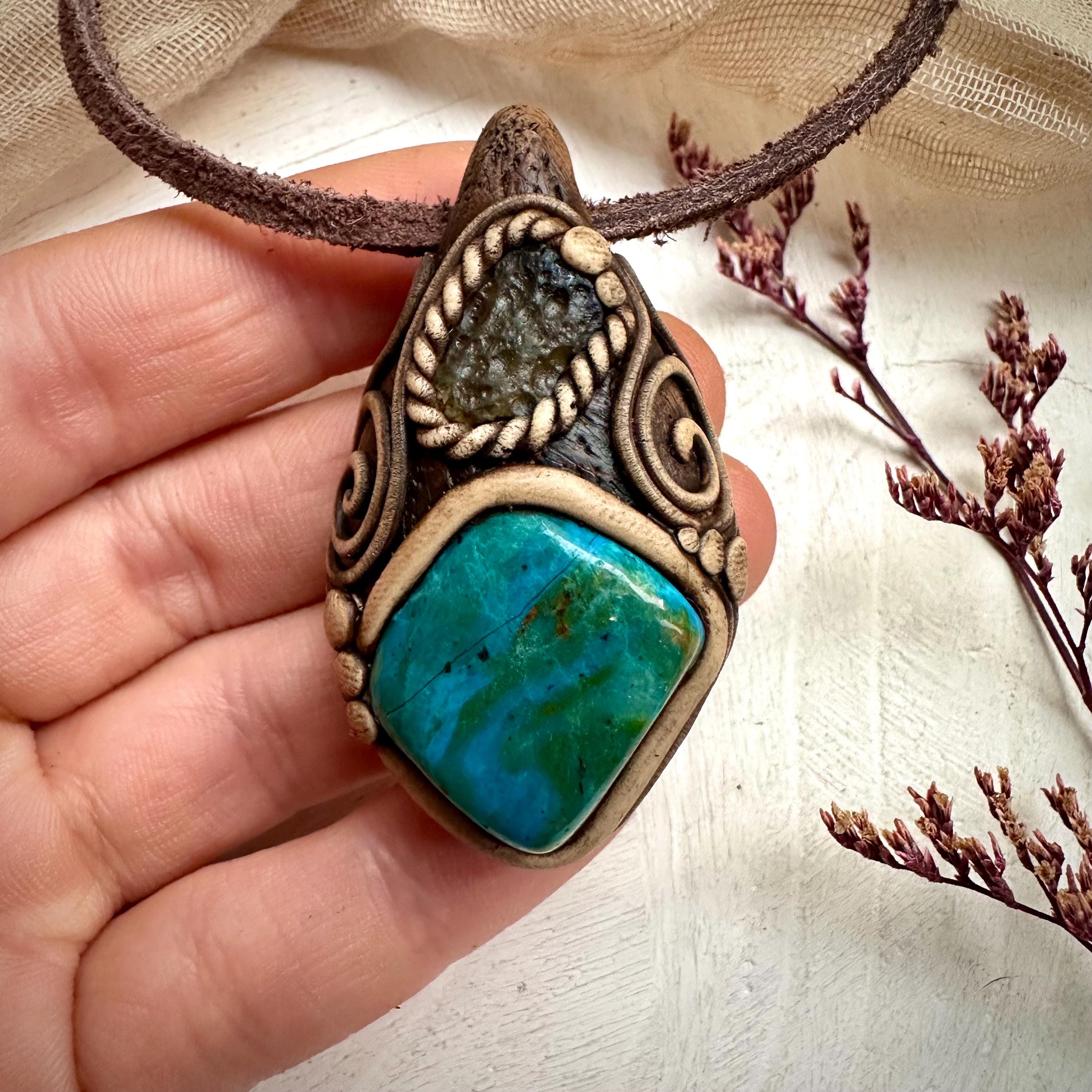 Atacama Opal and Moldavite Pendant Necklace - FairyGardenGlow