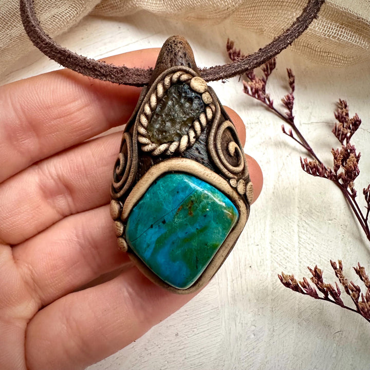 Atacama Opal and Moldavite Pendant Necklace - FairyGardenGlow
