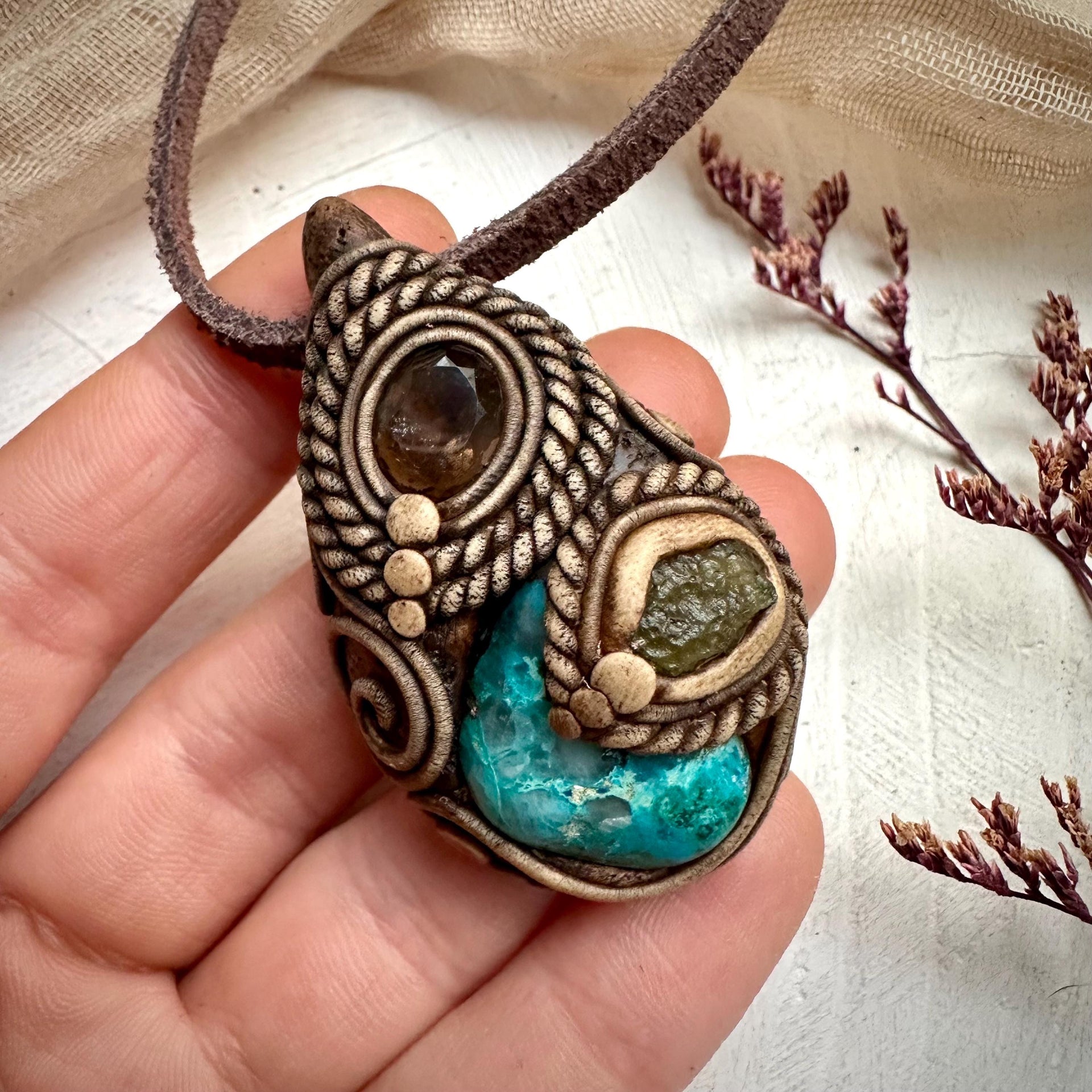 Chrysocolla Moldavite and Smoky Quartz Pendant Necklace - FairyGardenGlow