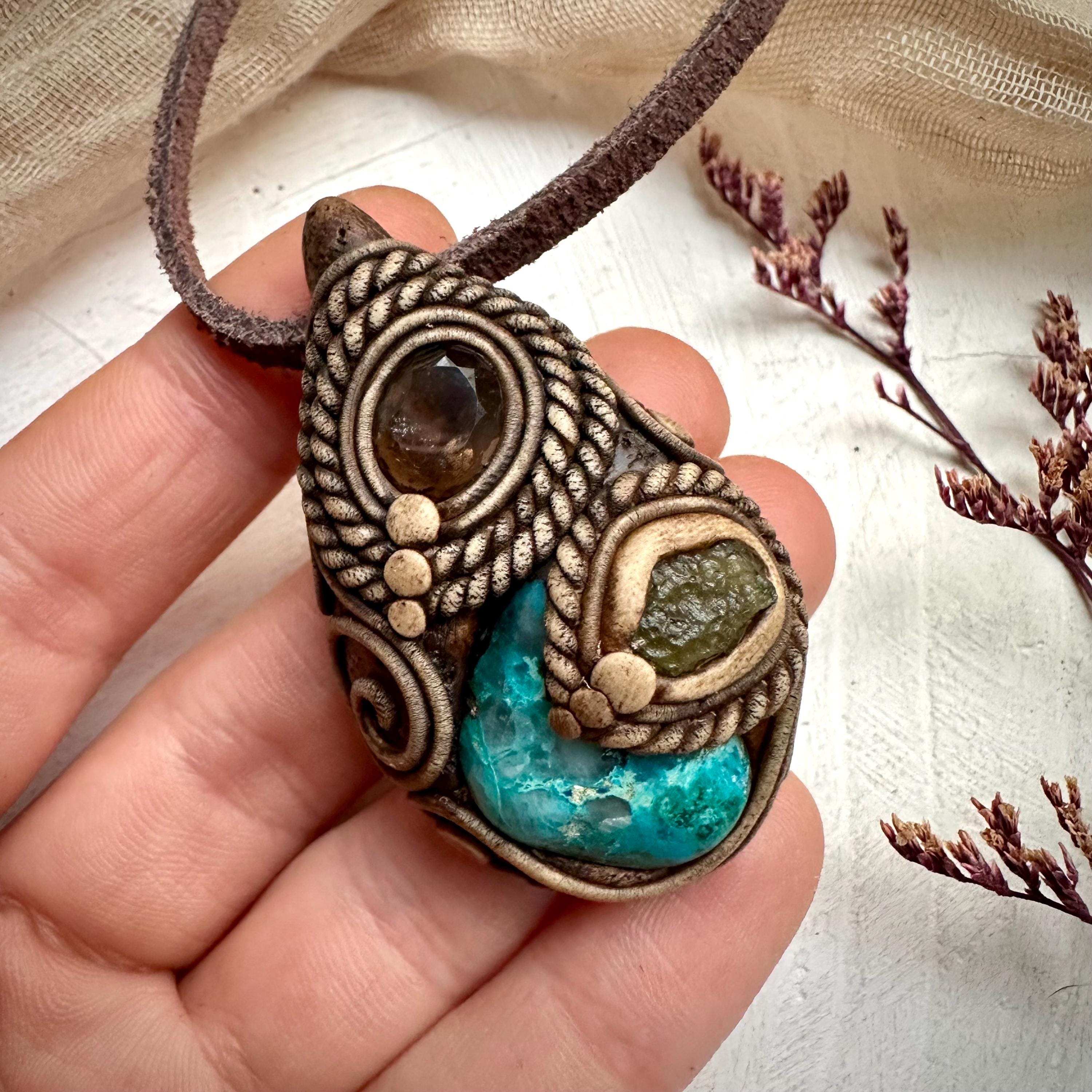 Chrysocolla Moldavite and Smoky Quartz Pendant Necklace - FairyGardenGlow