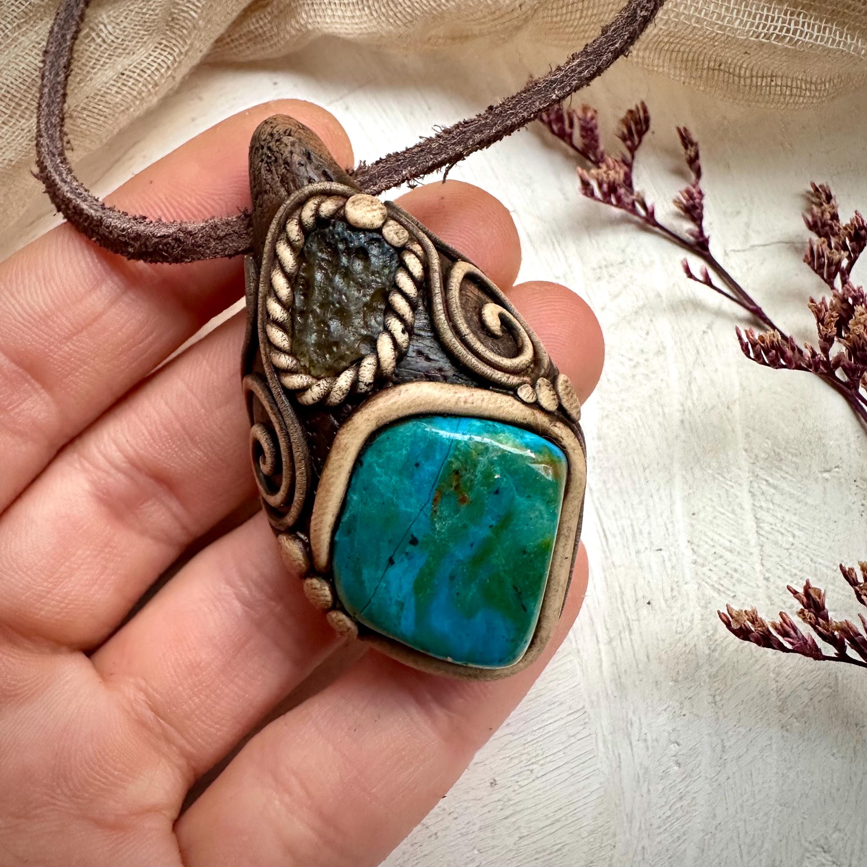 Atacama Opal and Moldavite Pendant Necklace - FairyGardenGlow