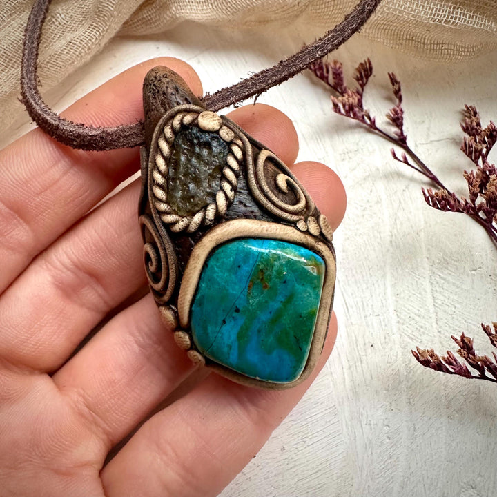 Atacama Opal and Moldavite Pendant Necklace - FairyGardenGlow