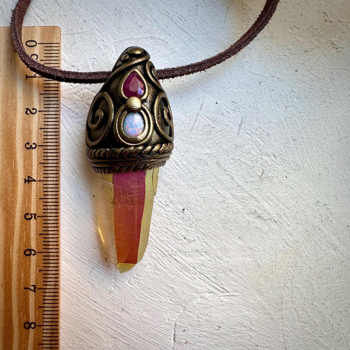 Sunset Aura Quartz Australian Opal and Ruby Necklace - FairyGardenGlow