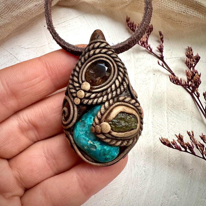 Chrysocolla Moldavite and Smoky Quartz Pendant Necklace - FairyGardenGlow