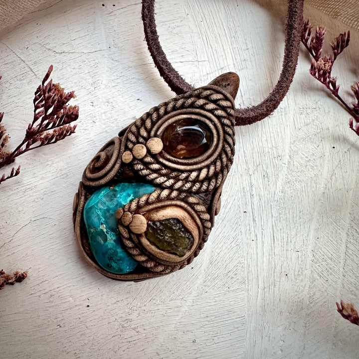 Chrysocolla Moldavite and Smoky Quartz Pendant Necklace - FairyGardenGlow
