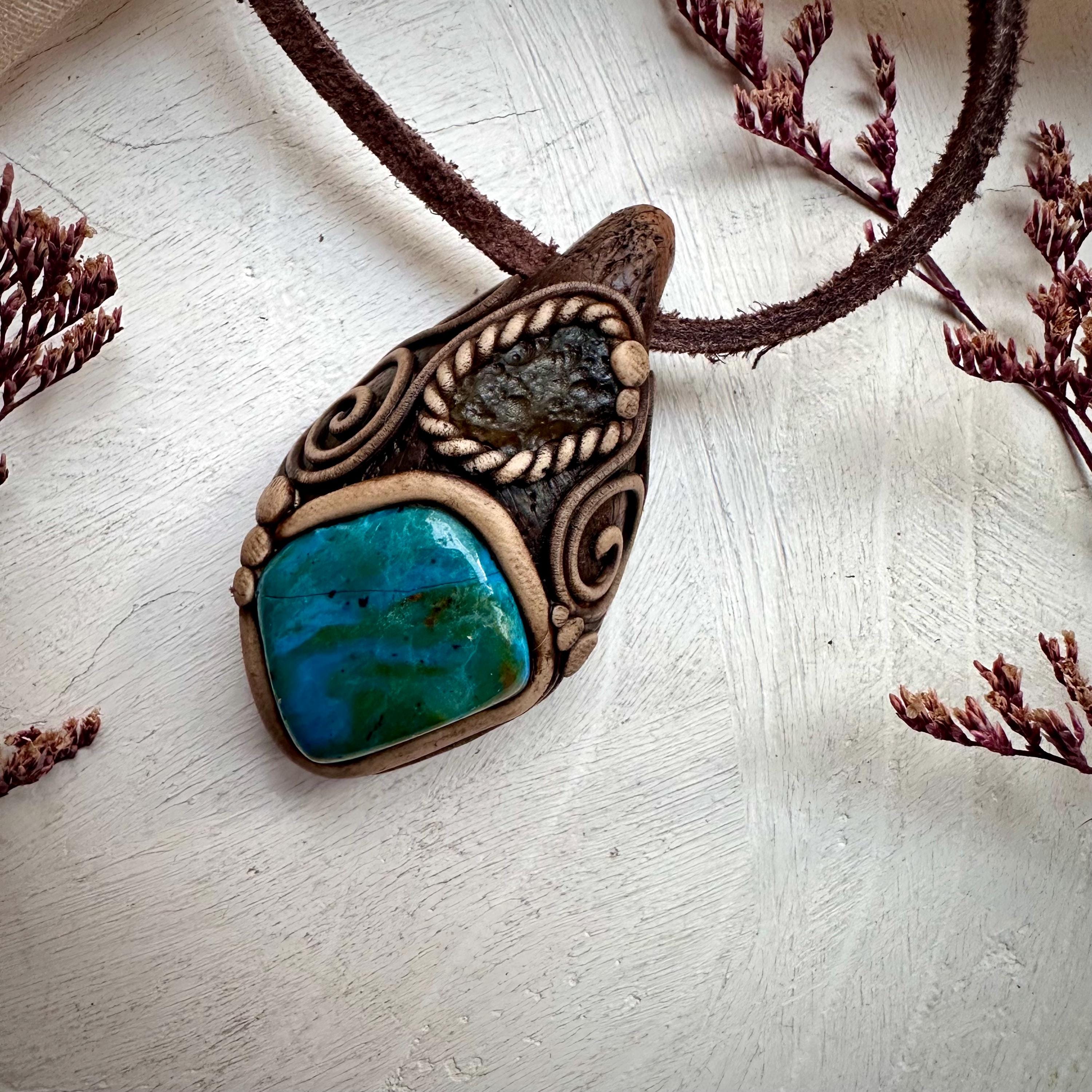 Atacama Opal and Moldavite Pendant Necklace - FairyGardenGlow
