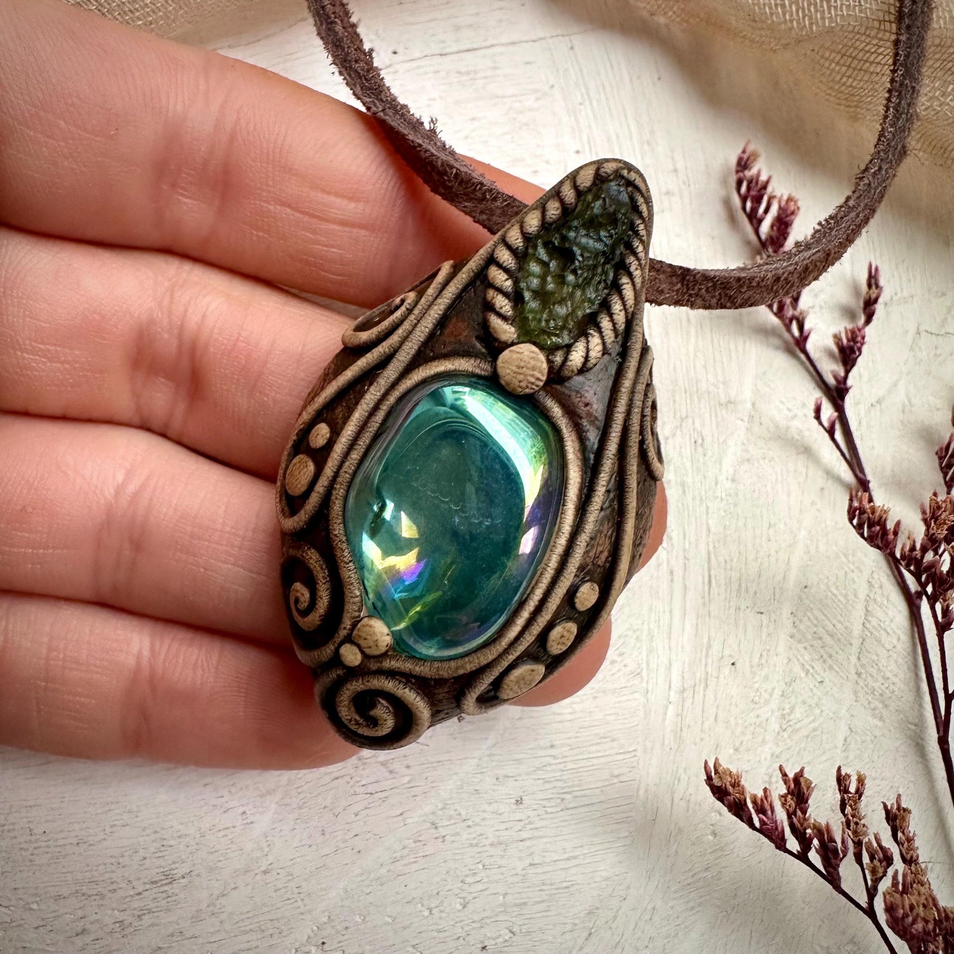 Moldavite and Aqua Aura Quartz Pendant Necklace - FairyGardenGlow