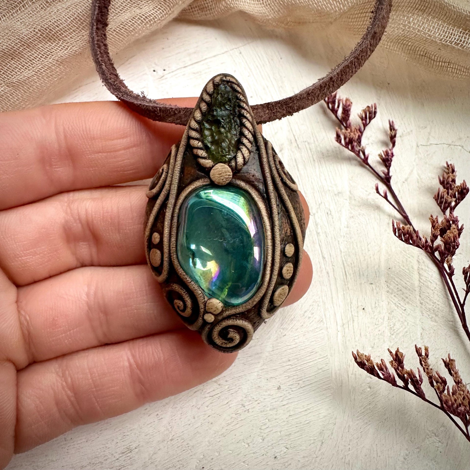 Moldavite and Aqua Aura Quartz Pendant Necklace - FairyGardenGlow
