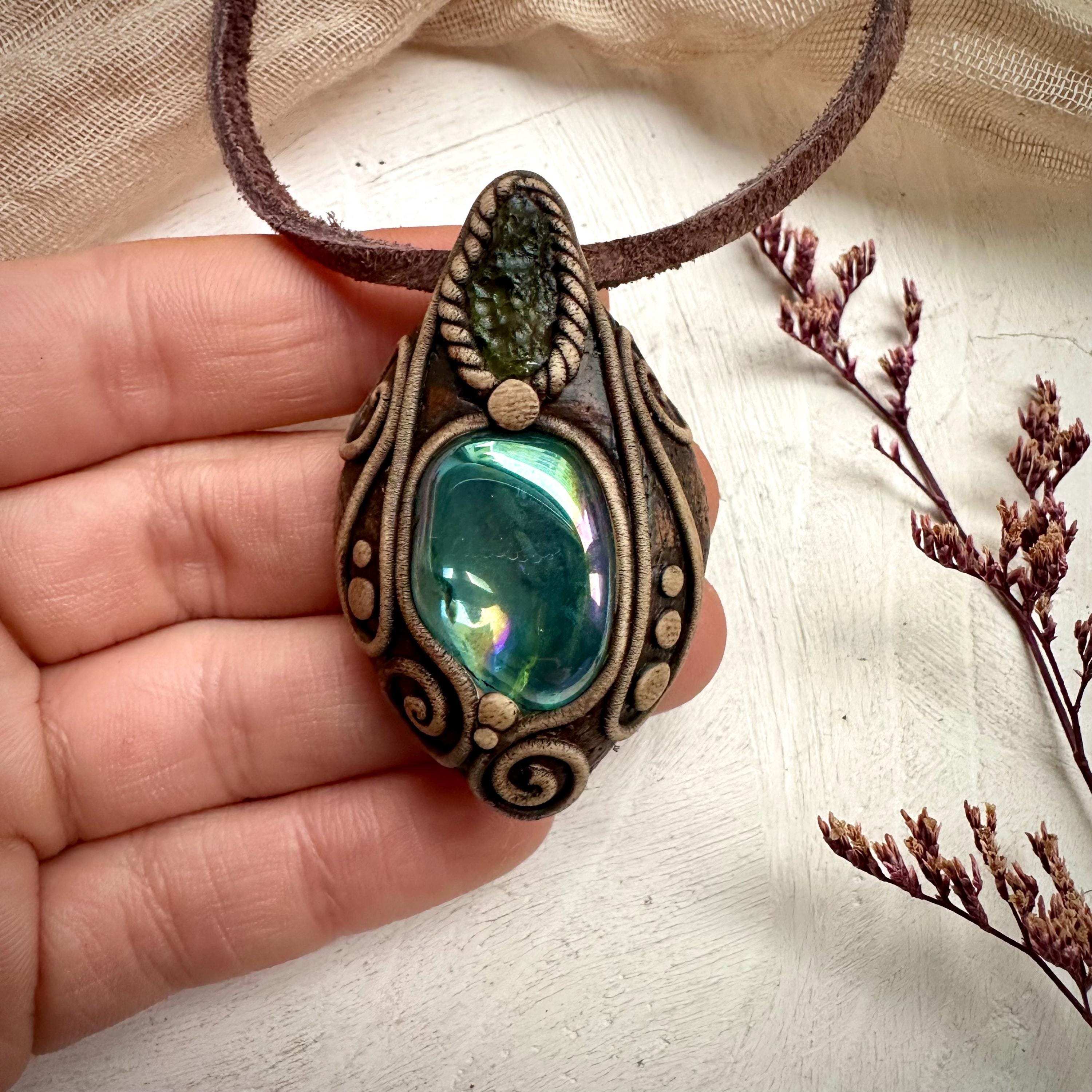 Moldavite and Aqua Aura Quartz Pendant Necklace - FairyGardenGlow
