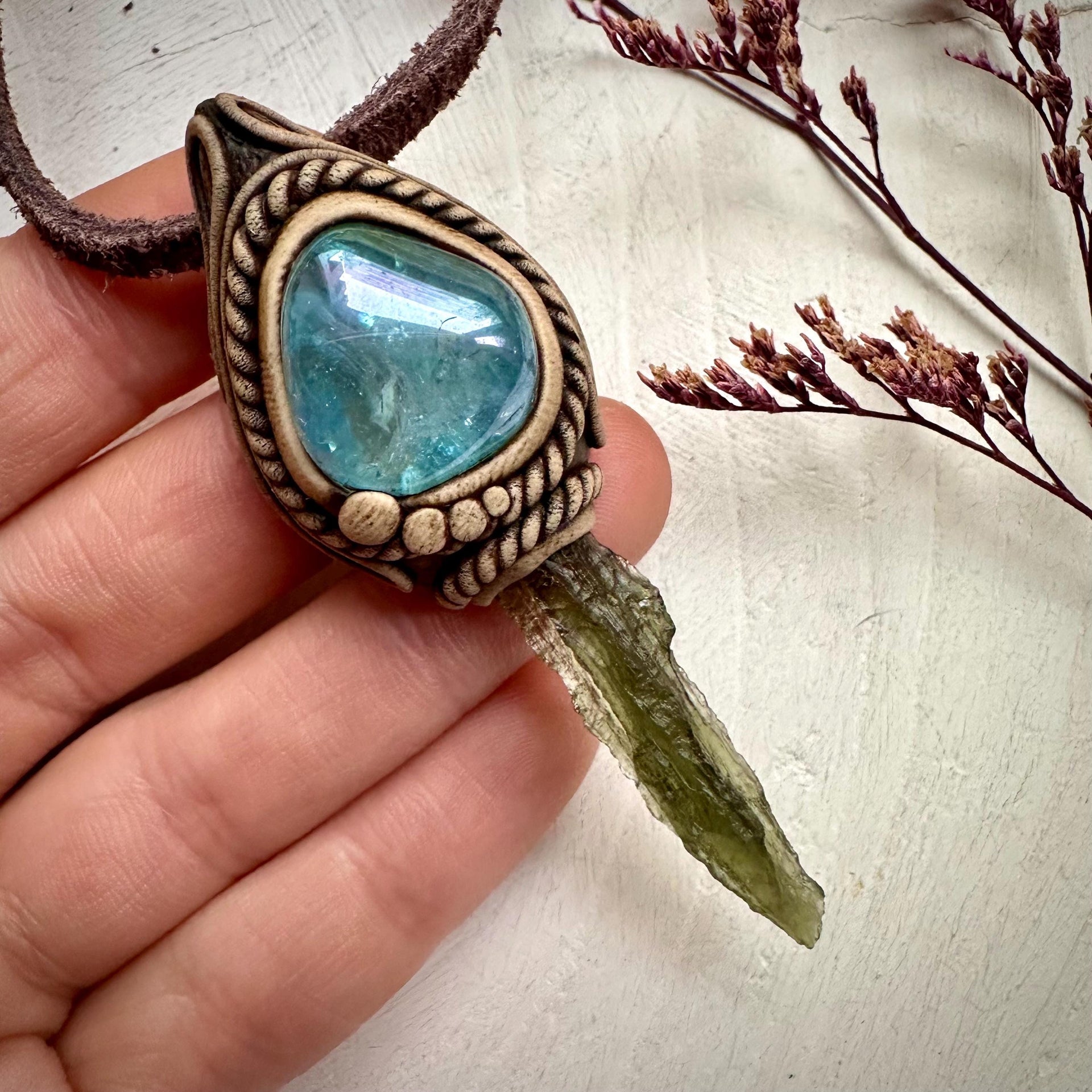 Moldavite and Aqua Aura Quartz Pendant Necklace - FairyGardenGlow