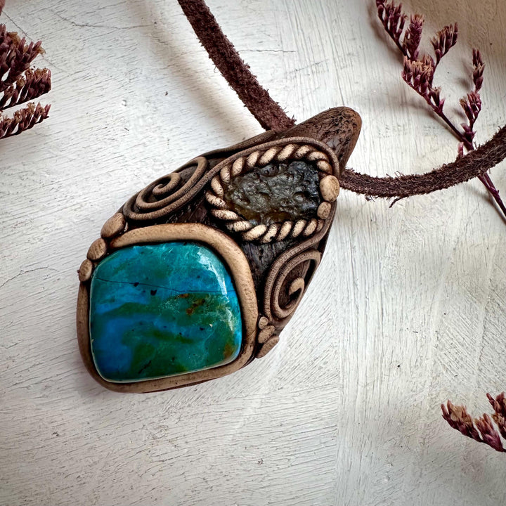 Atacama Opal and Moldavite Pendant Necklace - FairyGardenGlow