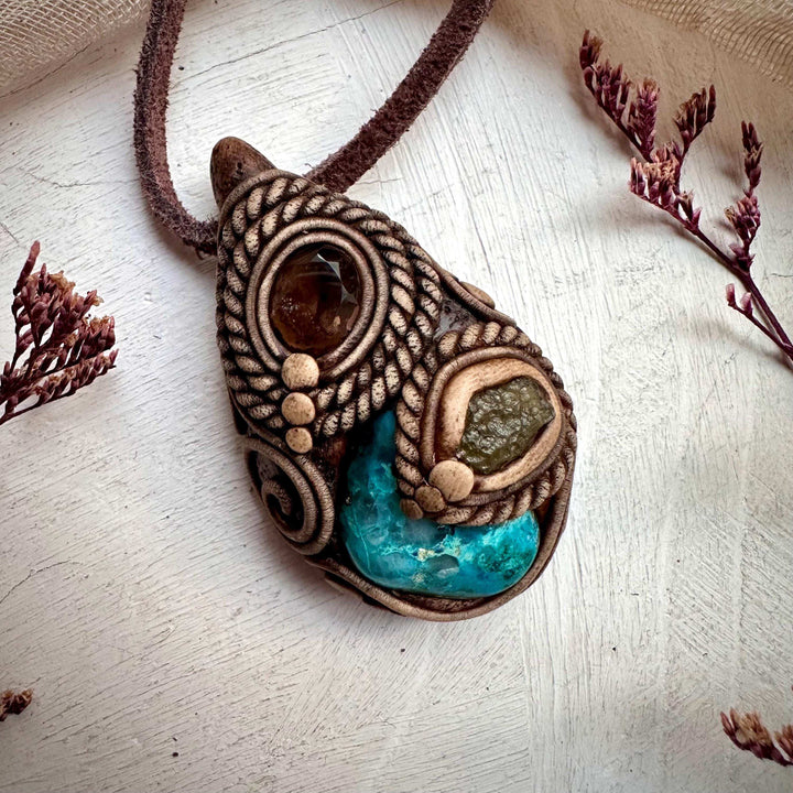 Chrysocolla Moldavite and Smoky Quartz Pendant Necklace - FairyGardenGlow
