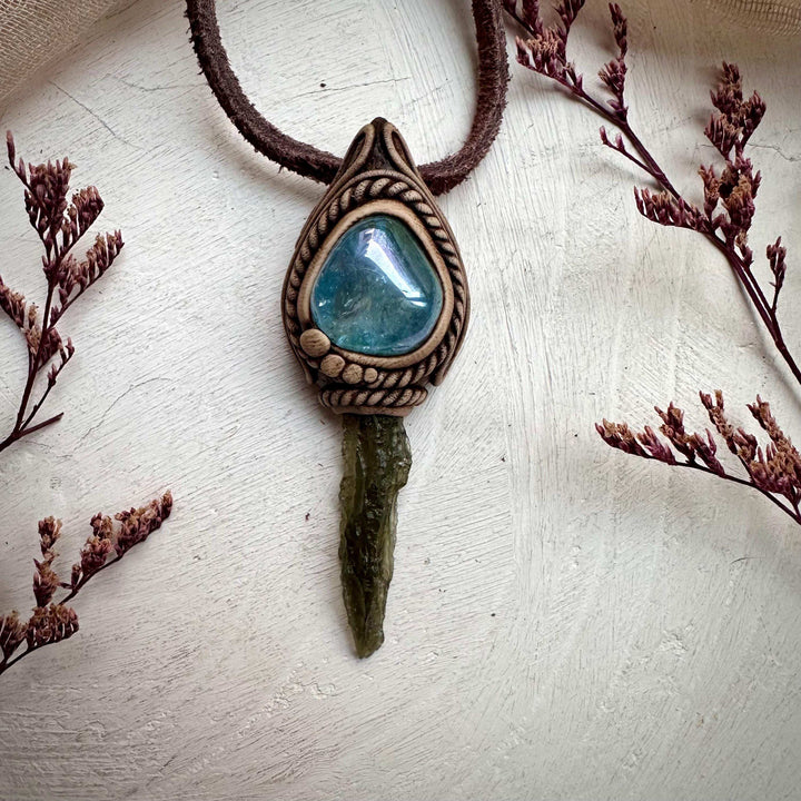 Moldavite and Aqua Aura Quartz Pendant Necklace - FairyGardenGlow