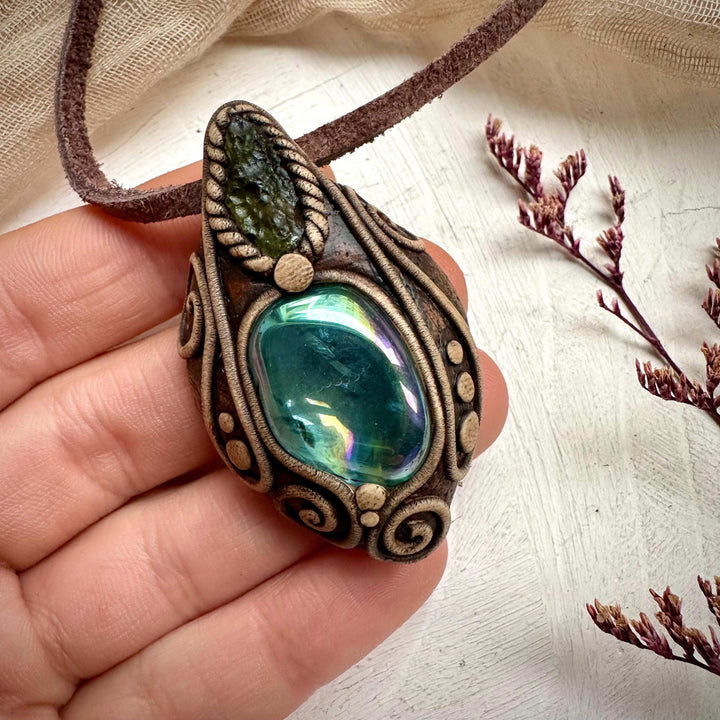 Moldavite and Aqua Aura Quartz Pendant Necklace - FairyGardenGlow