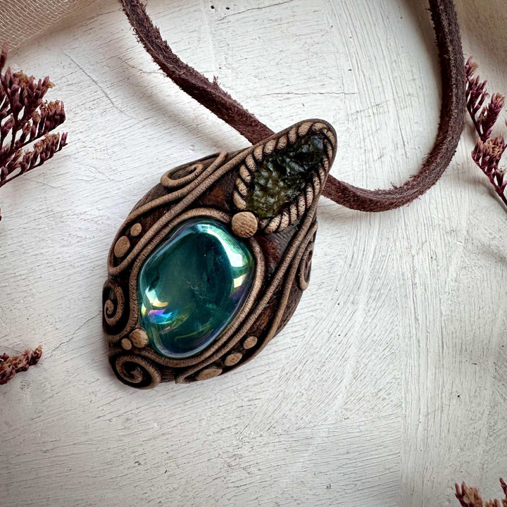 Moldavite and Aqua Aura Quartz Pendant Necklace - FairyGardenGlow