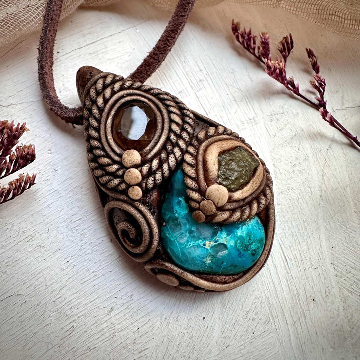 Chrysocolla Moldavite and Smoky Quartz Pendant Necklace - FairyGardenGlow