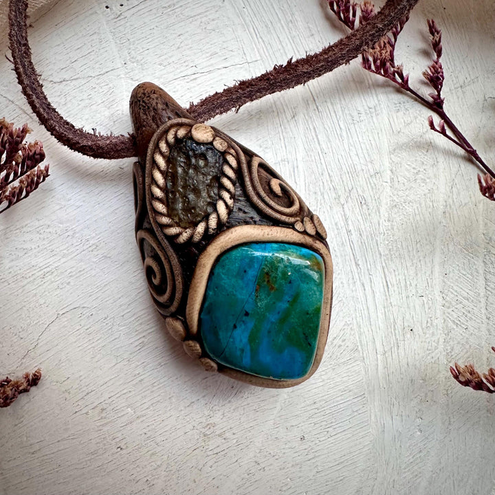 Atacama Opal and Moldavite Pendant Necklace - FairyGardenGlow
