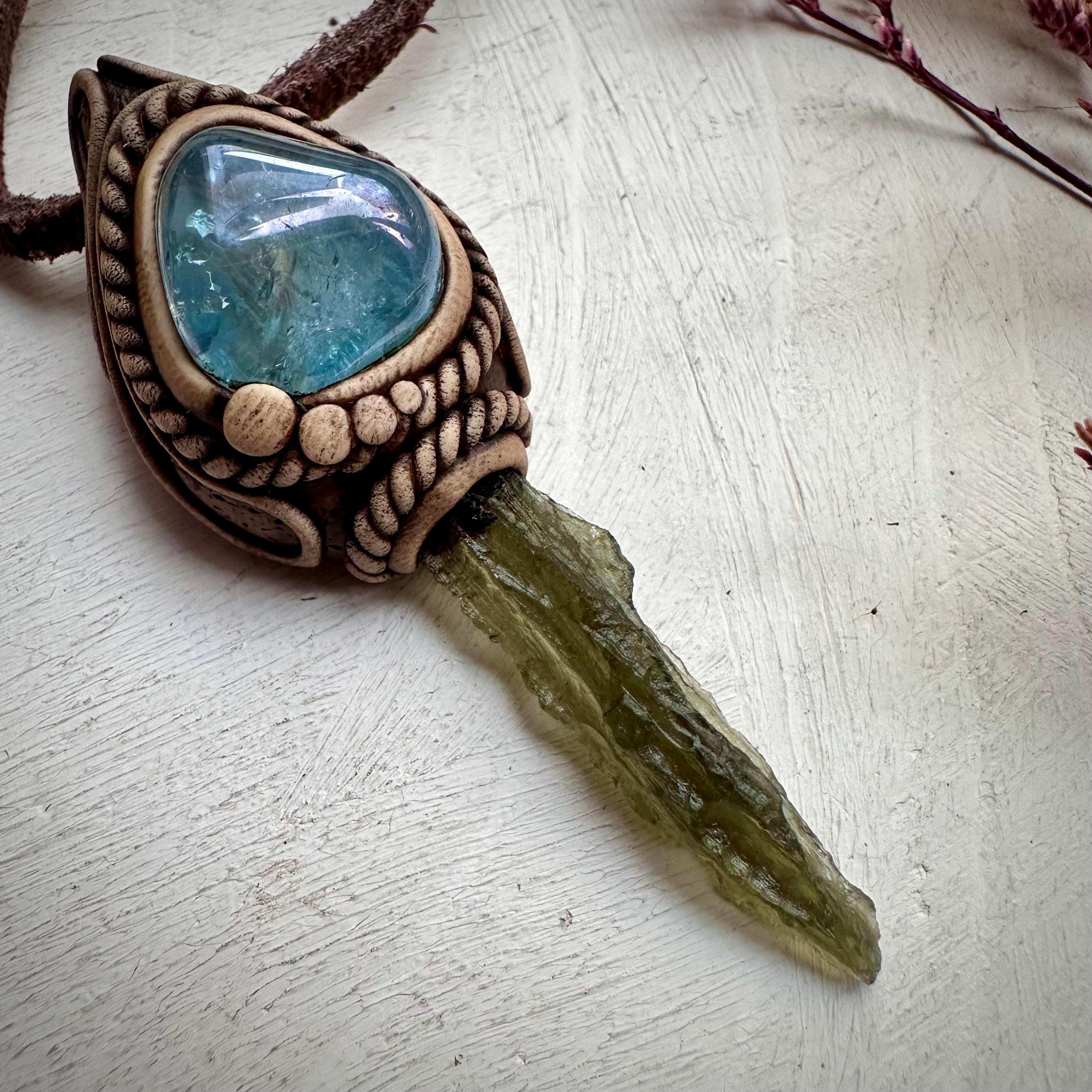 Moldavite and Aqua Aura Quartz Pendant Necklace - FairyGardenGlow