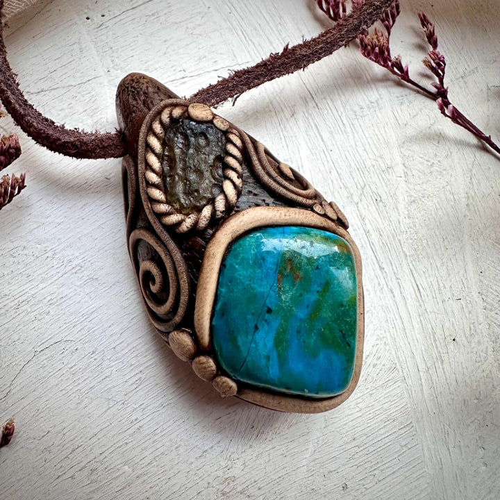 Atacama Opal and Moldavite Pendant Necklace - FairyGardenGlow