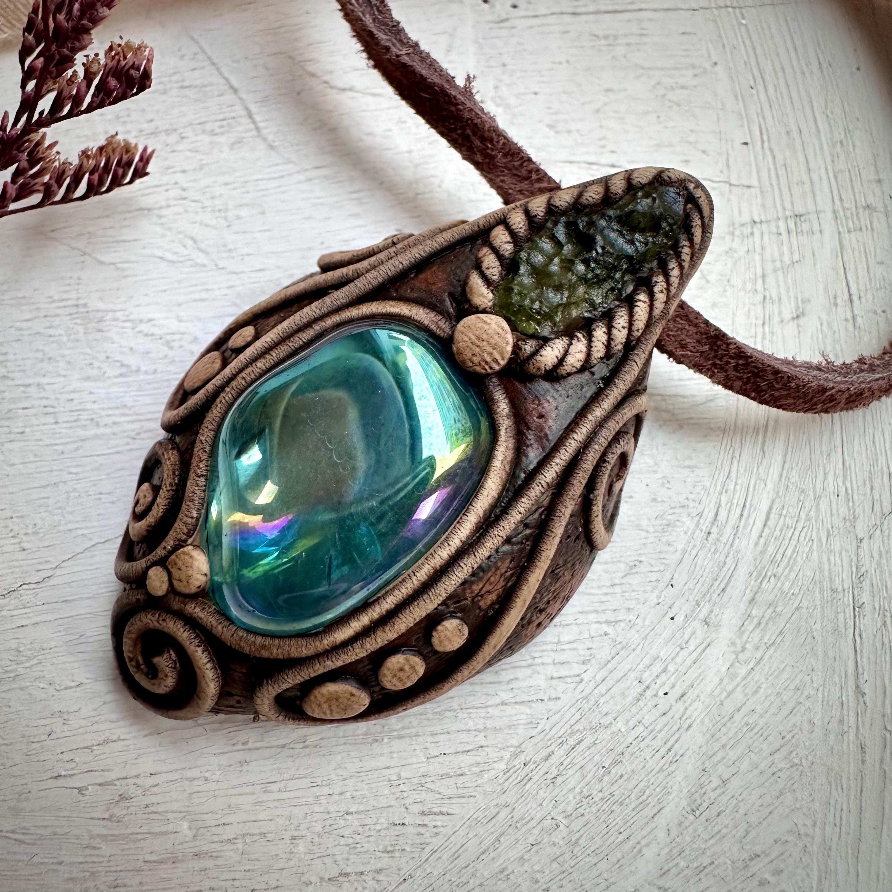 Moldavite and Aqua Aura Quartz Pendant Necklace - FairyGardenGlow