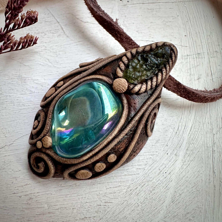 Moldavite and Aqua Aura Quartz Pendant Necklace - FairyGardenGlow
