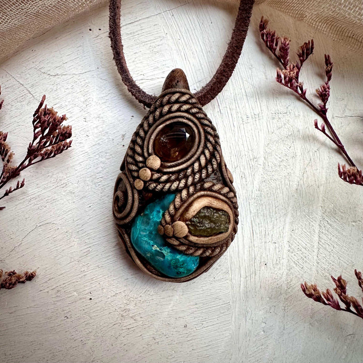 Chrysocolla Moldavite and Smoky Quartz Pendant Necklace - FairyGardenGlow