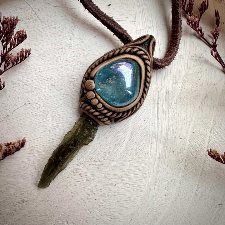 Moldavite and Aqua Aura Quartz Pendant Necklace - FairyGardenGlow