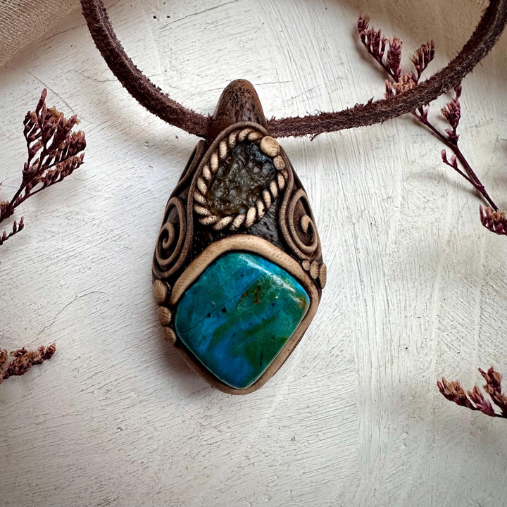 Atacama Opal and Moldavite Pendant Necklace - FairyGardenGlow