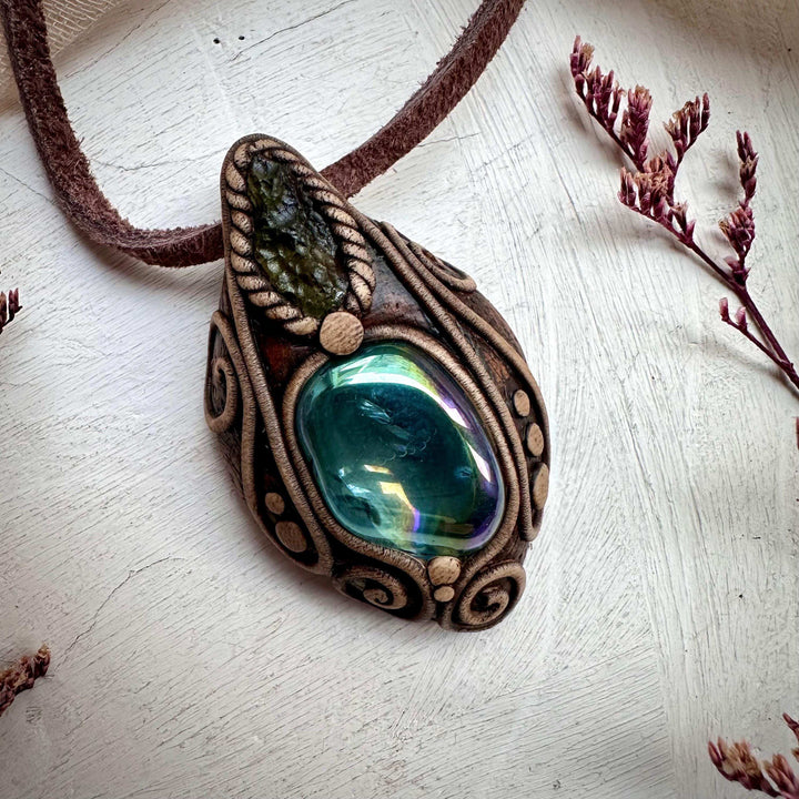 Moldavite and Aqua Aura Quartz Pendant Necklace - FairyGardenGlow