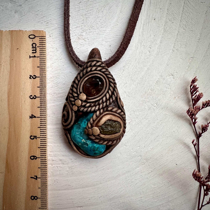 Chrysocolla Moldavite and Smoky Quartz Pendant Necklace - FairyGardenGlow